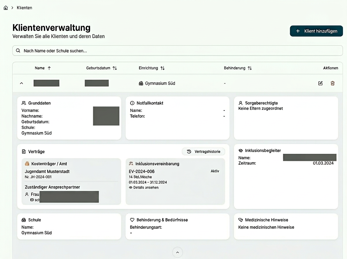Klientenakte in time4care Social mit Schule, Amtsvertrag des Jugendamts, Inklusionsvereinbarung über 14 Stunden pro Woche und zugeordneter Begleitung
