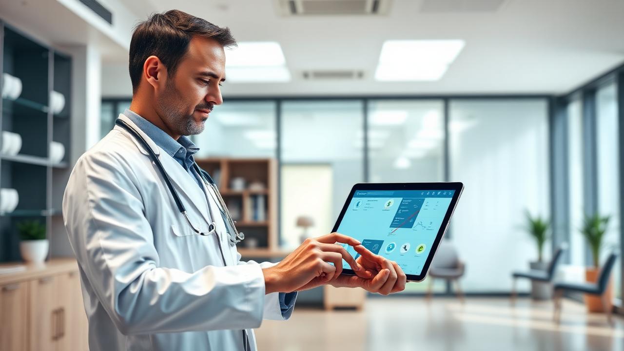 Therapeutin arbeitet in einer modernen Praxis am Laptop